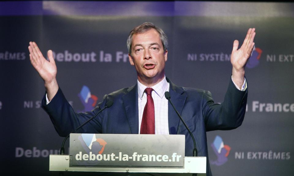 FILE - In this Sunday April 13, 2014 file photo, UK Independence Party (UKIP) leader Nigel Farage gestures as he delivers his speech during a political meeting with French conservative party Debout La Republique leader Nicolas Dupont-Aignan, in Paris. Britain's U.K. Independence Party has launched its European election campaign with a series of billboards carrying a stark message: They are coming to take your job. "They" is workers from other European Union countries, who have the right to live in Britain. Party leader Nigel Farage said Tuesday April 22, 2014 that the posters were "a hard-hitting reflection of reality." But others are calling them xenophobic. (AP Photo/Remy de la Mauviniere, File)