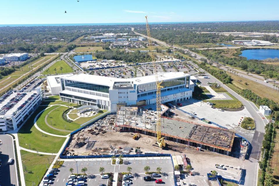 Looking west from Interstate 75, this aerial view of the Sarasota Memorial Hospital Venice campus shows construction on the first expansion patient tower, which is scheduled to open in April, 2024. There is room on the east side of the property for as many as three expansion towers for what could ultimately be a 400-bed facility.