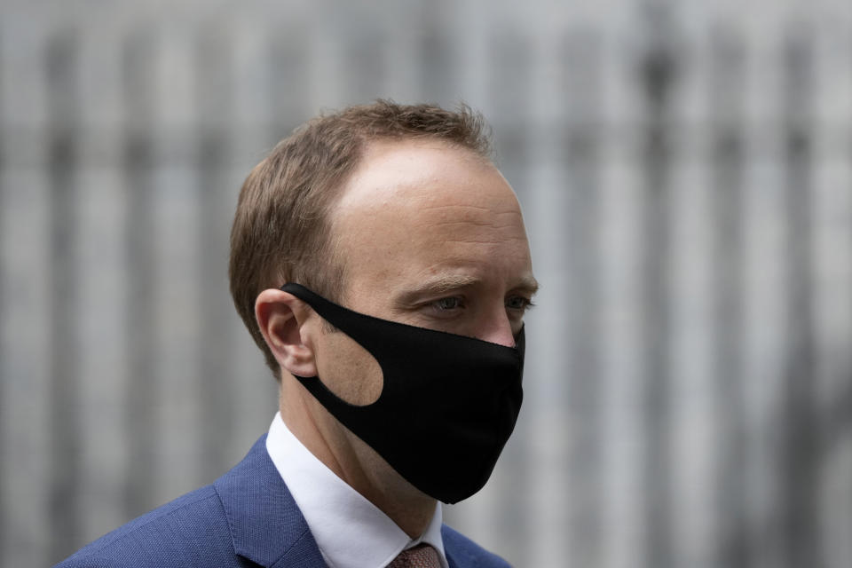 Britain's Health Secretary Matt Hancock leaves 10 Downing Street, in London, Monday, June 7, 2021. Hancock said Sunday the delta variant, which is fast becoming the dominant coronavirus variant in the U.K., is 40% more transmissible compared to the country's existing strains. (AP Photo/Matt Dunham)