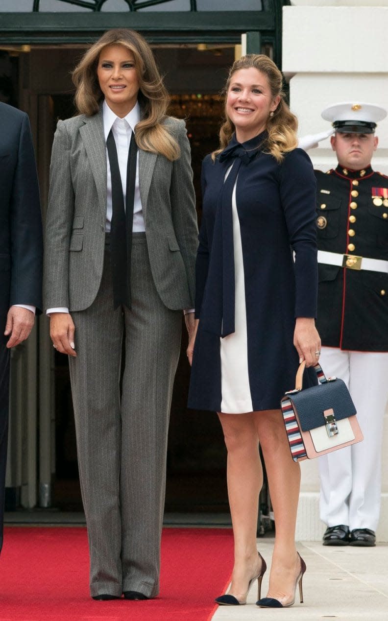 Melania Trump, left, with Sophie Gregoire at the White House yesterday - EPA