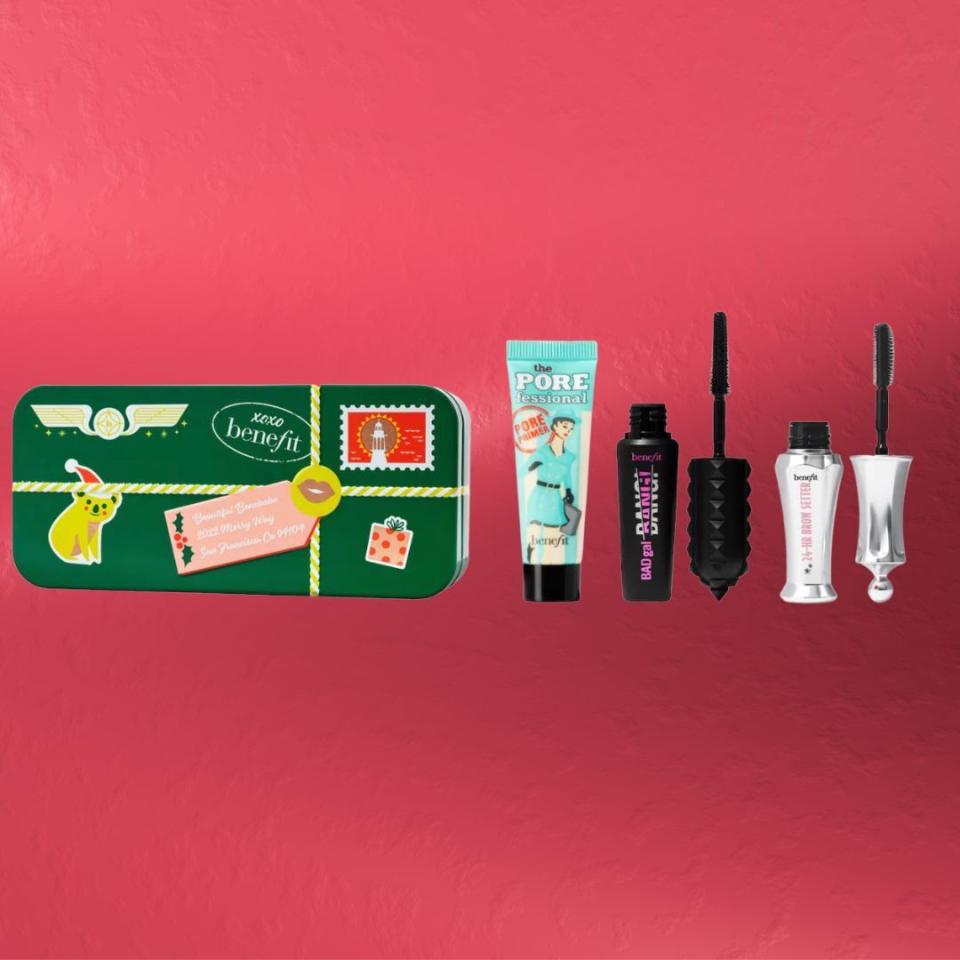 Packaged in a cute holiday tin, this kit features mini versions of three bestselling items from the makeup line: Porefessional pore concealing primer, Badgal Bang volumizing mascara and their clear 24-HR brow setting gel that keeps brow hairs in place all day.You can buy the holiday set from Benefit at Sephora for $20.
