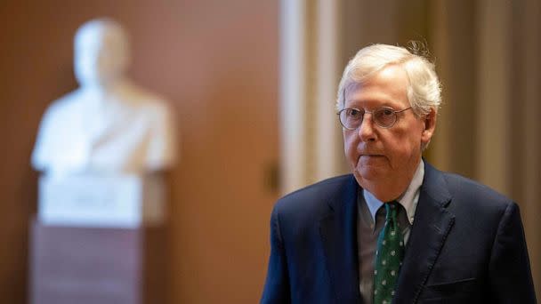 PHOTO: Senate Minority Leader Sen. Mitch McConnell walks to his office as he arrives at the U.S. Capitol, Nov. 28, 2022 in Washington, DC. (Drew Angerer/Getty Images)