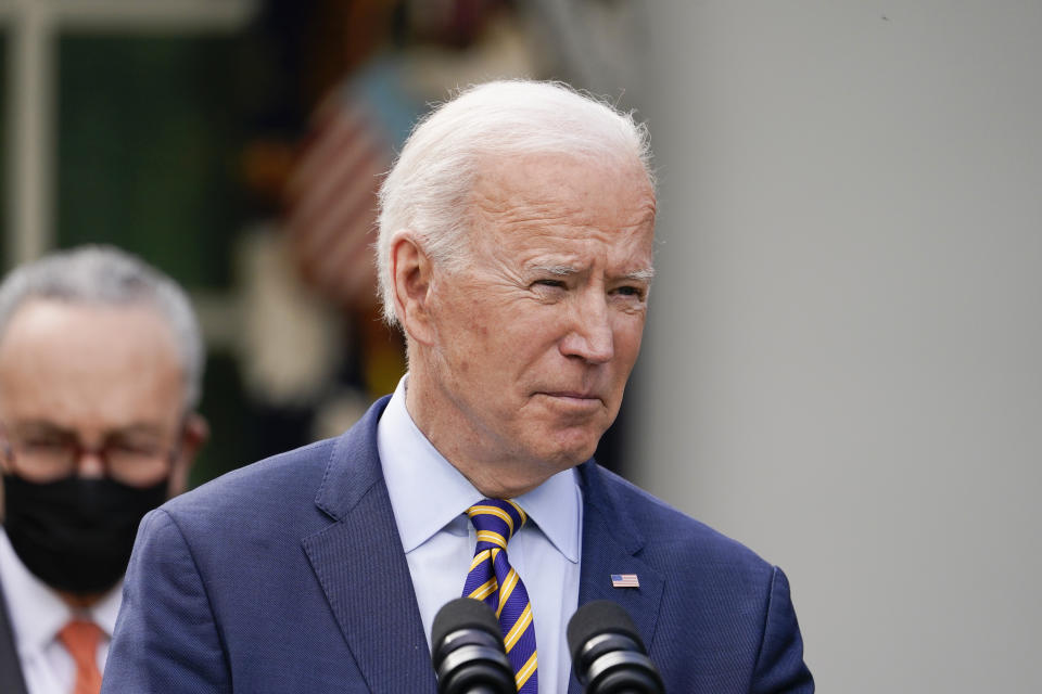 President Joe Biden speaks about the American Rescue Plan, a coronavirus relief package, in the Rose Garden of the White House, Friday, March 12, 2021, in Washington. (AP Photo/Alex Brandon)