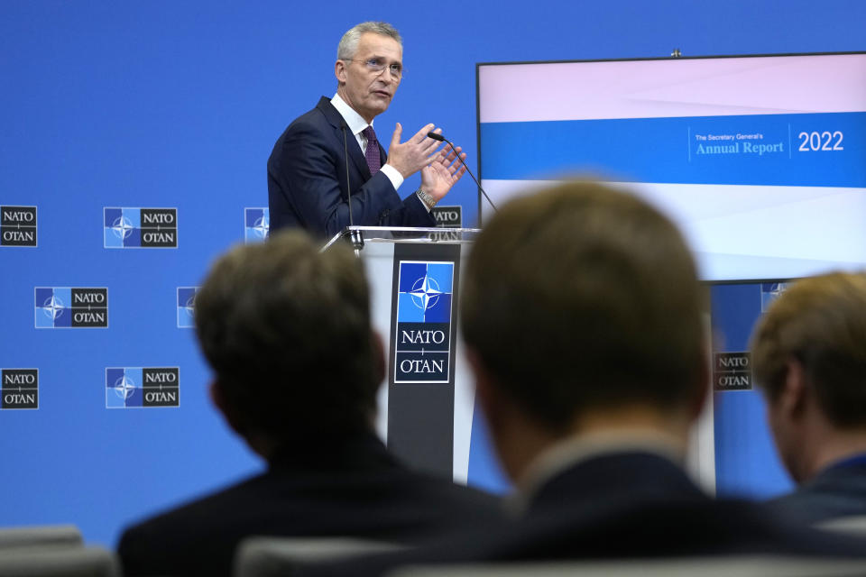 NATO Secretary General Jens Stoltenberg speaks during the launch of the NATO Secretary General's Annual Report for 2022 at NATO headuarters in Brussels, Tuesday, March 21, 2023. (AP Photo/Virginia Mayo)