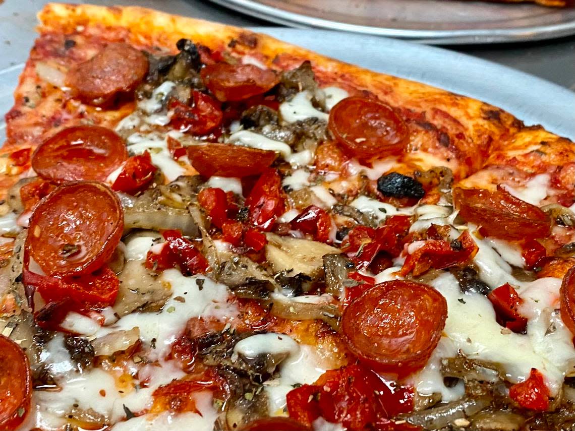 A pepperoni, mushroom and red-pepper pizza at Sauce’d in Grapevine.