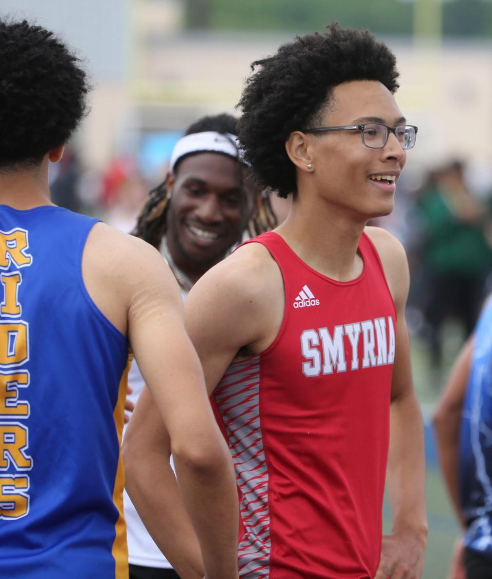 Smyrna's Elijah Williams reacts after taking second place in the Division I 300 meter hurdles during the second day of the DIAA state high school track and field championships at Dover High School, Saturday, May 18, 2024.