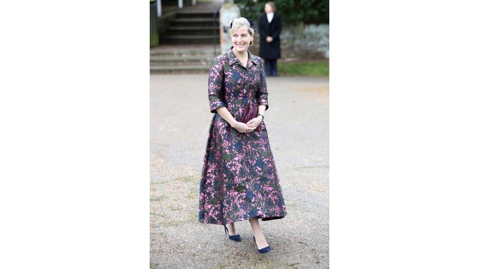 Duchess Sophie wearing dress by Erdem at the Christmas Day Church service at Church of St Mary Magdalene on December 25, 2017 in King's Lynn, England. 