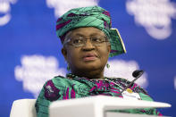 Ngozi Okonjo-Iweala, Director-General, World Trade Organization (WTO) and Member of Board of Trustees of the World Economic Forum attends attends a session at the 51st annual meeting of the World Economic Forum, WEF, in Davos, Switzerland, Wednesday, May 25, 2022. (Gian Ehrenzeller/Keystone via AP)