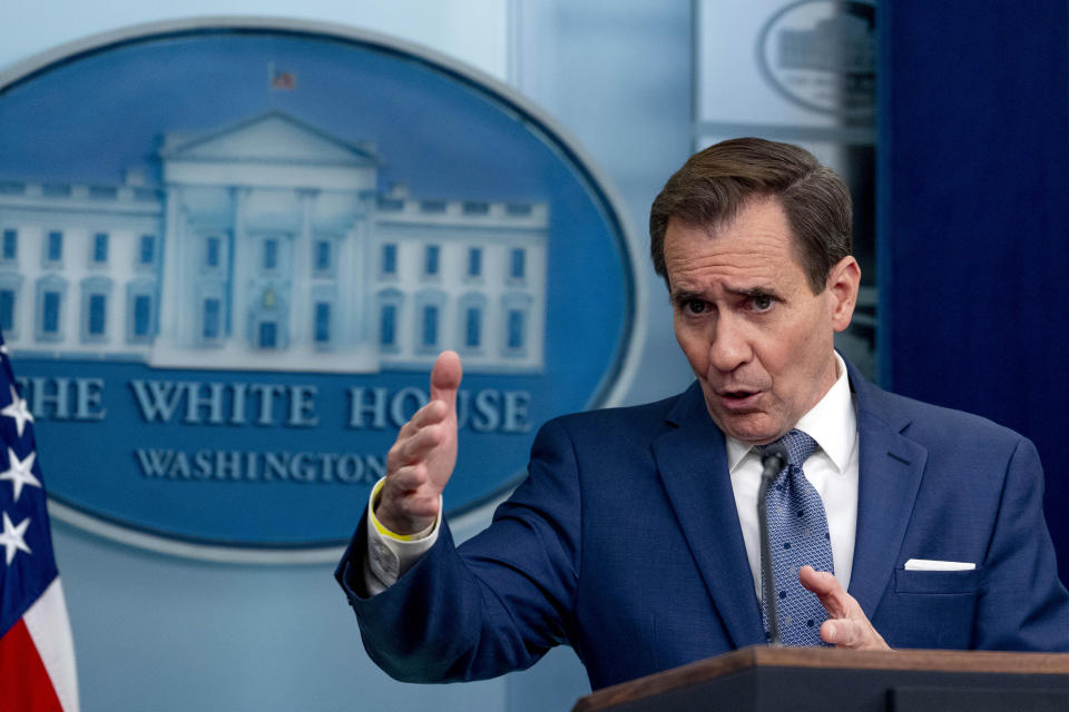 White House national security communications adviser John Kirby speaks at a press briefing at the White House in Washington, Friday, March 1, 2024. (AP Photo/Andrew Harnik)