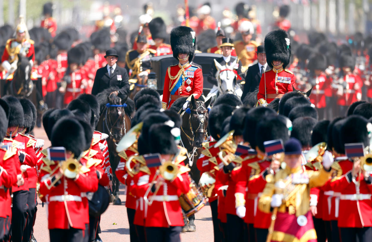 Prince William reviews his troops on horseback ahead of Trooping the Colour