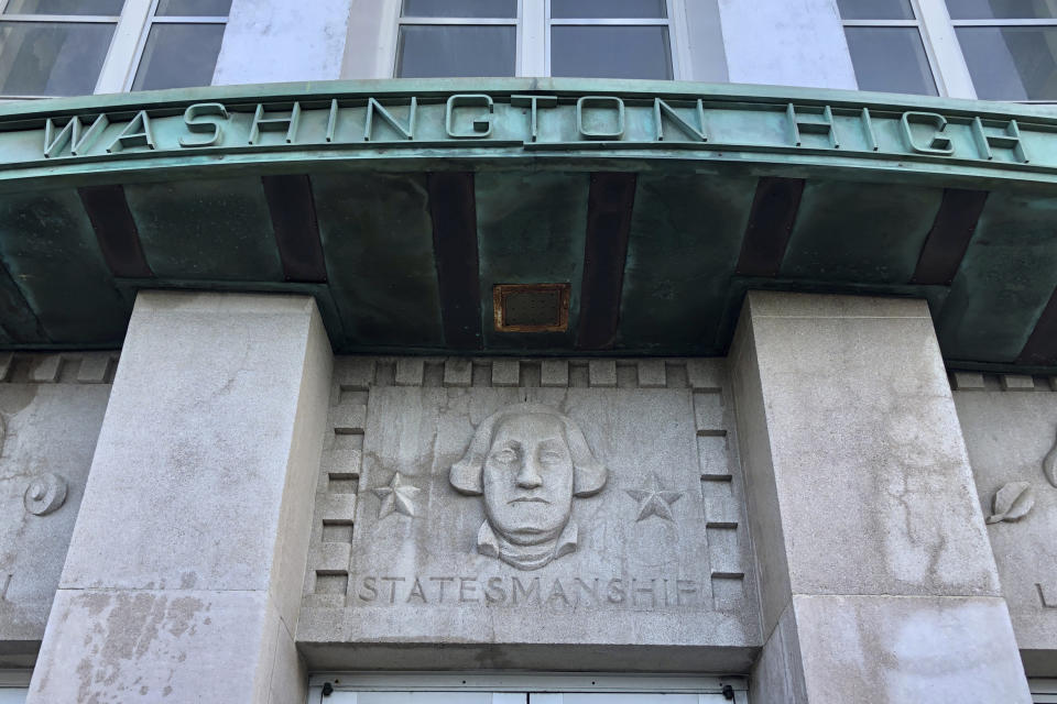 The main entry to George Washington High School is seen in San Francisco, on Jan. 27, 2021. The embattled San Francisco school board is poised to reverse a decision to rename 44 schools in an effort to avoid costly litigation and tone down national criticism. In a Tuesday, April 6, 2021, meeting, the board will vote on a resolution to rescind a controversial January decision to rename schools and revisit the matter after all students have returned full-time to in-person learning. (AP Photo/Haven Daley)