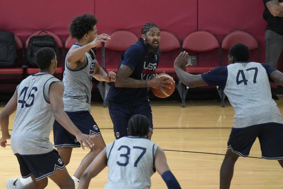 Brandon Ingram of the New Orleans Pelicans drives up the court during training camp for the United States men's basketball team Friday, Aug. 4, 2023, in Las Vegas. (AP Photo/John Locher)