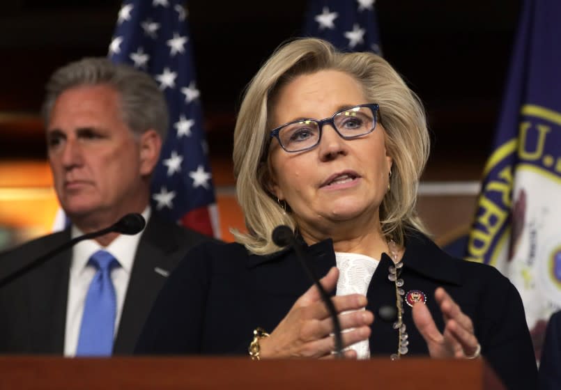 WASHINGTON, DC - DECEMBER 03: U.S. Rep. Liz Cheney (R-WY) speaks as House Minority Leader Kevin McCarthy (R-CA) and House Minority Whip Steve Scalise (R-LA) listen during a news conference December 3, 2019 on Capitol Hill in Washington, DC. House Democrats released a report on Tuesday accusing President Donald Trump of power abuse for personal and political gains. (Photo by Alex Wong/Getty Images)