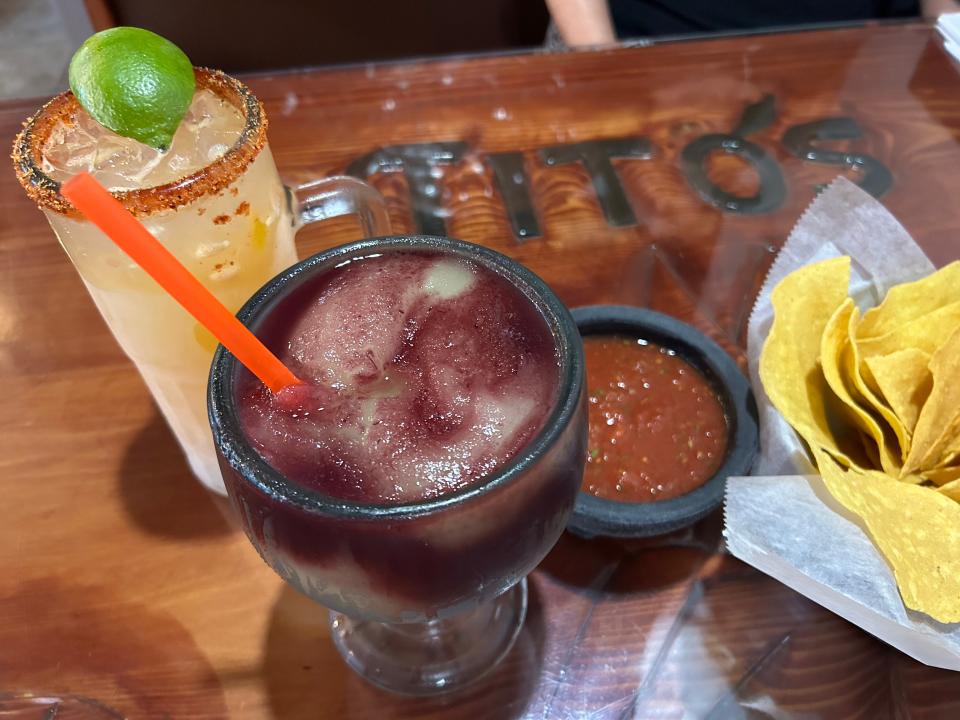 Big margaritas include the Paloma with fresh grapefruit, lime, and orange juices with organic agave nectar, tajin and silver tequila; and the Octopus, featuring a frozen lime margarita swirled with homemade sangria at Tito's in Fairlawn.