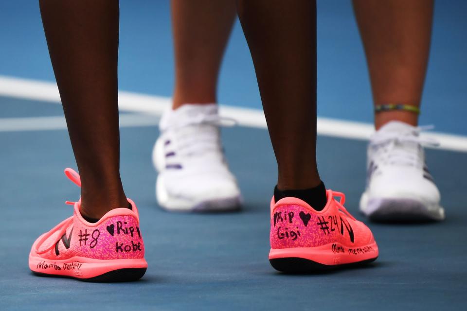 Coco Gauff's sneakers dedicated to Kobe Bryant and his daughter Gigi during the Australian Open on Jan. 27.