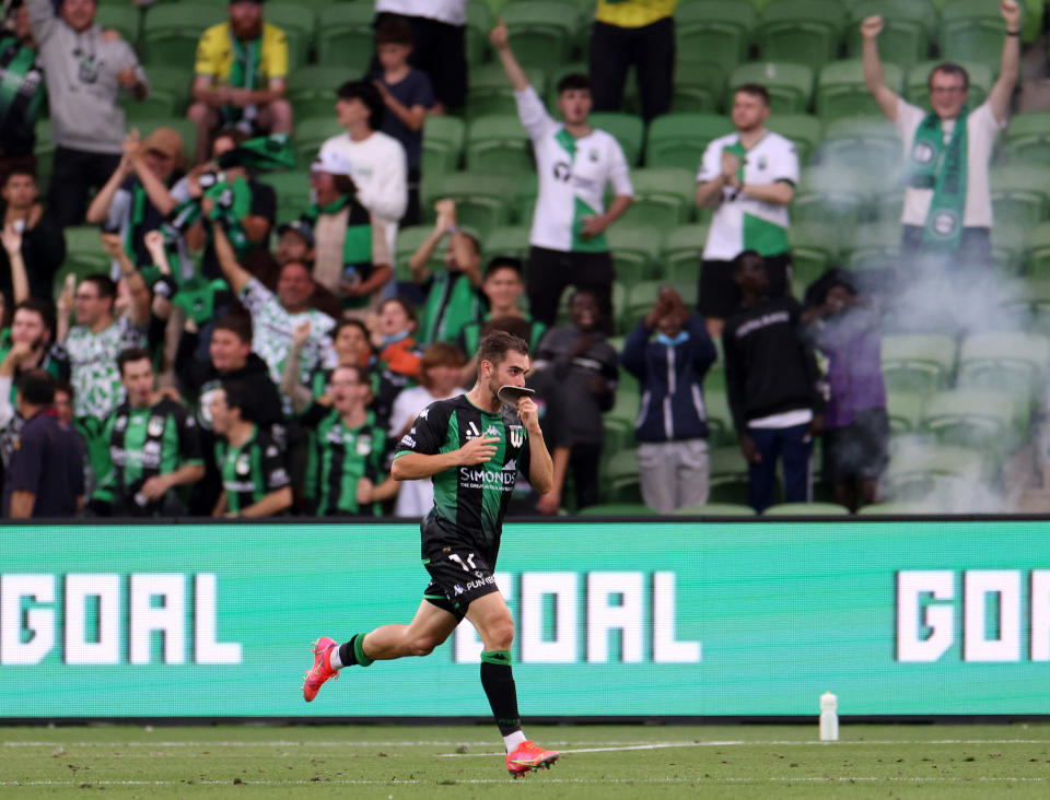 Seen here, Western United's Ben Garuccio celebrates after scoring one of the goals of the season against Western Sydney.