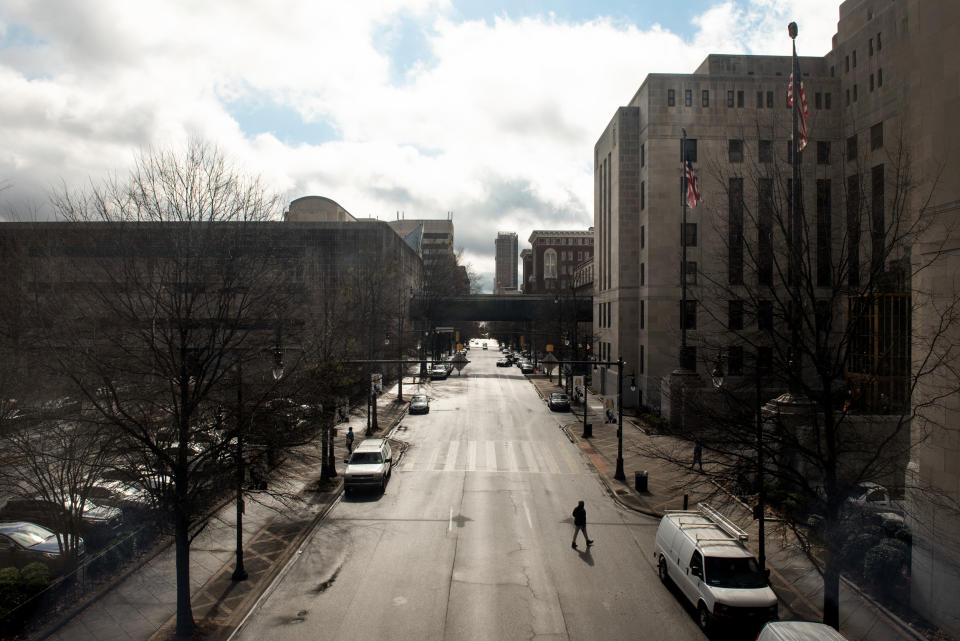 Image: A nearly empty street near the Jefferson County Courthouse in Birmingham, Ala., on Feb. 22, 2021. (Andi Rice / Bloomberg via Getty Images file)