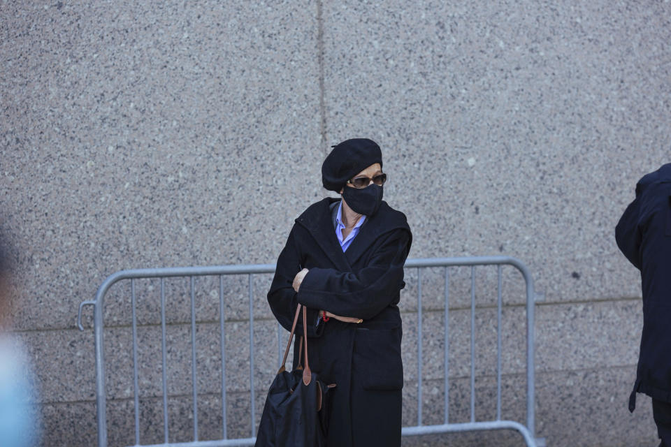 Isabel Maxwell, sister of Jeffrey Epstein's associate Ghislaine Maxwell, arrives at Federal Court on Friday, April. 23, 2021, in New York. Ghislaine Maxwell, a British socialite and one-time girlfriend of Epstein, pleaded not guilty to sex trafficking conspiracy and an additional sex trafficking charge that were added in a rewritten indictment released last month by a Manhattan federal court grand jury. (AP Photo/Kevin Hagen)