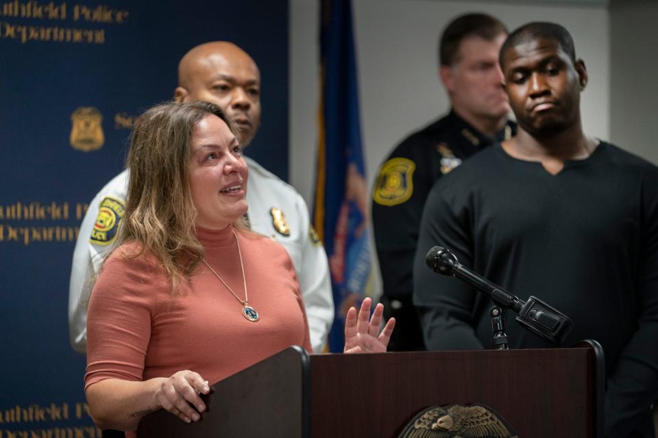 Bianca VanMeter, mother of Mia Kanu, who was killed in Southfield, talks about how everyone loved her daughter as Police Chief Elvin Barren stands in the middle and Kanu's father, Sorie Kanu, stands at right during a news conference on Thursday, Sept. 21, 2023, at Southfield Police Headquarters to clarify details around the death of 23-year-old Mia Kanu.