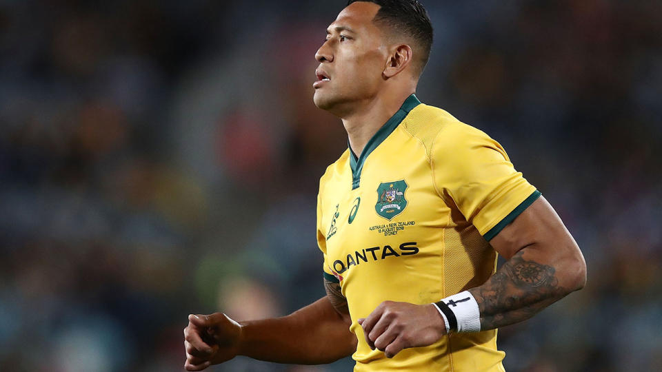 Israel Folau of the Wallabies looks on during The Rugby Championship Bledisloe Cup match. (Photo by Mark Metcalfe/Getty Images)