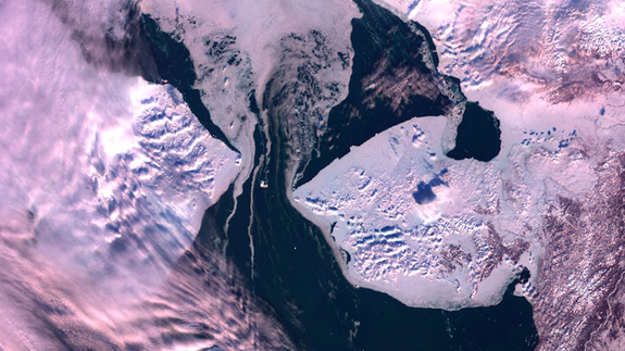 Satellite imagery of the mostly ice-free Bering Strait on Feb. 28. 2019.