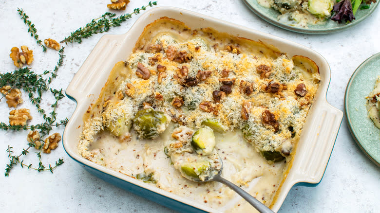 Brussels sprouts gratin in a dish