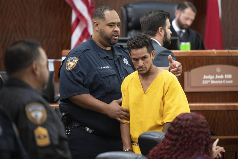 Franklin Peña, one of the two men accused of killing 12-year-old Jocelyn Nungaray, is led out of the courtroom after bail was set for $10 million, Monday, June 24, 2024, in Houston. Peña and another man, Johan Jose Rangel-Martinez, are charged with capital murder over the girl's death. (Brett Coomer/Houston Chronicle via AP)