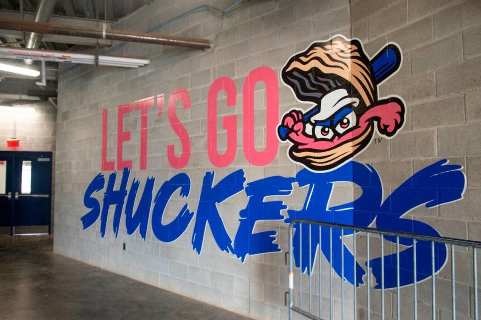 New signage in the area between the elevator and the dugouts at Shuckers Ballpark on Friday, May 10, 2024. During the offseason, Shuckers Ballpark underwent renovations, including all new signage around the park.