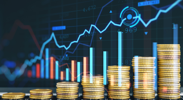 Creative image of growing coin stacks and candlestick forex chart on blurry background. Trade, money and financial growth concept. Growth stocks. Double exposure