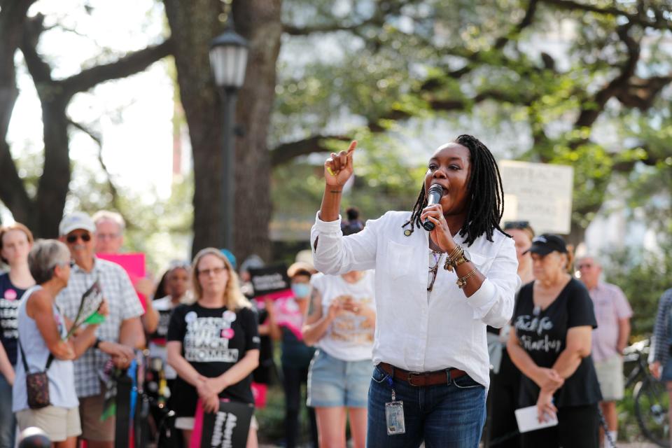 Chatham County District Attorney Shalena Cook Jones speaks Friday June 24, 2022 during an abortion rights rally at Johnson Square in Savannah, Georgia. 