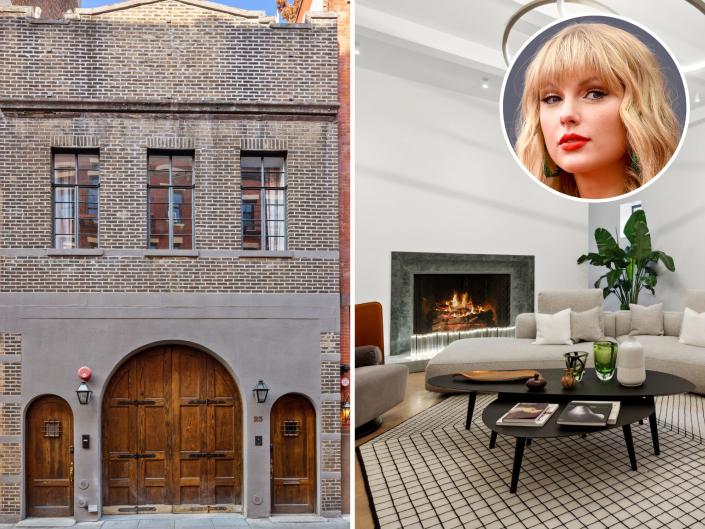 cornelia street exterior, living room with fireplace, and taylor swift in small circle
