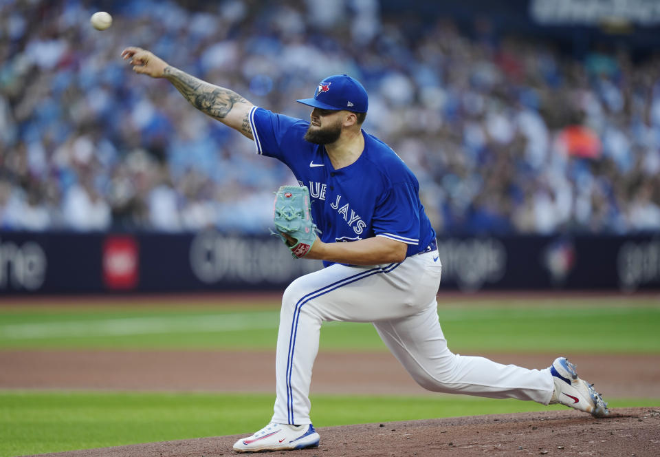 Toronto Blue Jays starting pitcher Alek Manoah works against the Milwaukee Brewers during the first inning of a baseball game Wednesday, May 31, 2023, in Toronto. (Frank Gunn/The Canadian Press via AP)