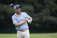 Brendon Todd watches his shot on the second hole during the second round of the World Golf Championship-FedEx St. Jude Invitational Friday, July 31, 2020, in Memphis, Tenn. (AP Photo/Mark Humphrey)