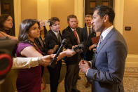 Assembly Speaker Robert Rivas, D-Hollister, talks to reporters after the Assembly approved a measure to reduce the state budget deficit at the Capitol in Sacramento, Calif., Thursday,, April 11, 2024. Both houses approved the bill that takes a number of steps to reduce the state budget deficit by about $17 billion. Gov. Gavin Newsom has said the deficit is about $38 billion. (AP Photo/Rich Pedroncelli)