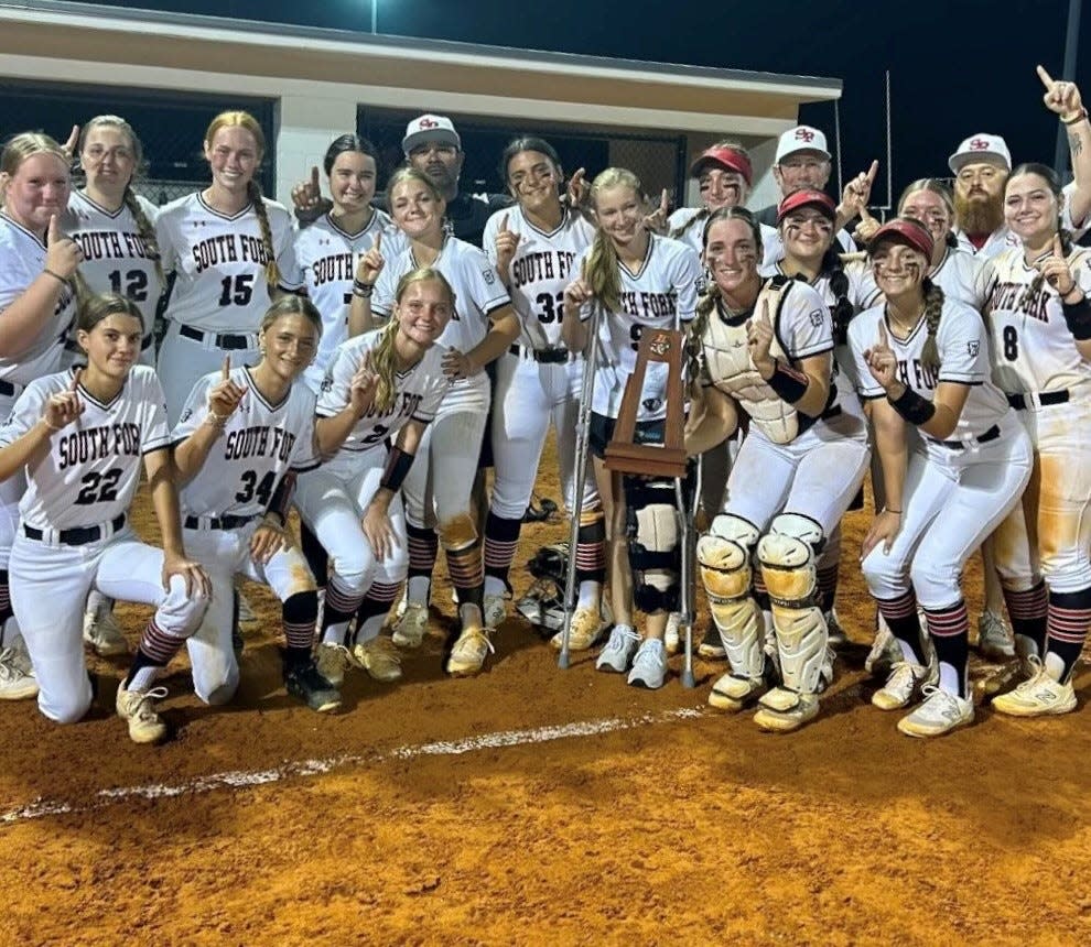 The South Fork softball team celebrates after capturing the District 14-5A title on Thursday, May 2, 2024, in Tropical Farms.