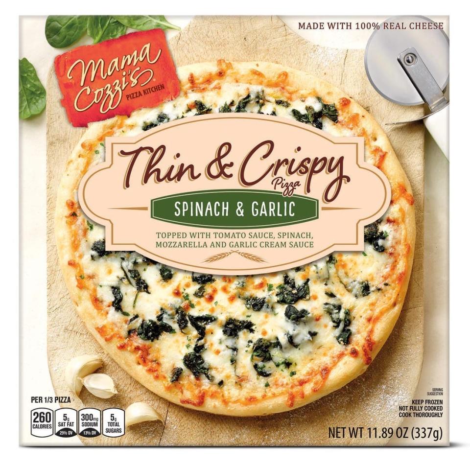 Thin and crispy Spinach and garlic Mama Cozzi's pizza