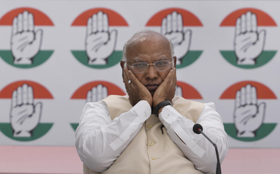 India’s opposition Congress party president Mallikarjun Kharge, gestures during a press conference to release the party’s election manifesto in New Delhi, India, Friday, April 5, 2024. India's 6-week-long general election starts on April 19 and results will be announced on June 4. (AP Photo/Manish Swarup)