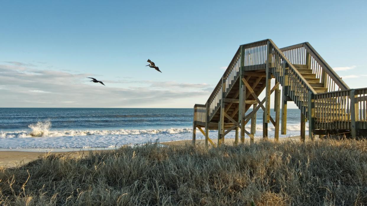 Birds Flying Over Pier Topsail Island Beach Jacksonville, NC.