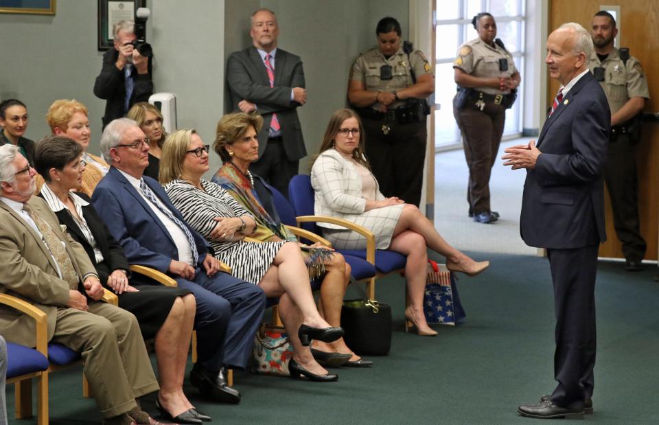 North Carolina Chief Supreme Court Justice Paul Newby talks about his support for Gastonia's frontline legal workers Thursday afternoon, April 28, 2022, at the Gaston County Courthouse.
