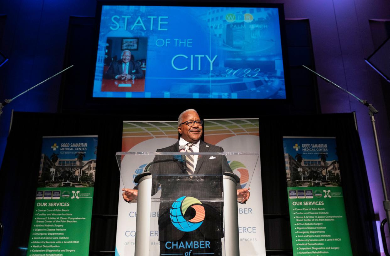 West Palm Beach Mayor Keith James delivers his State of the City address at the Palm Beach County Convention Center in West Palm Beach, Florida on January 27, 2023.