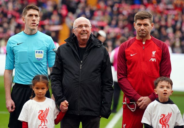 Sven-Goran Eriksson lines up with Steven Gerrard ahead of a Liverpool Legends match at Anfield