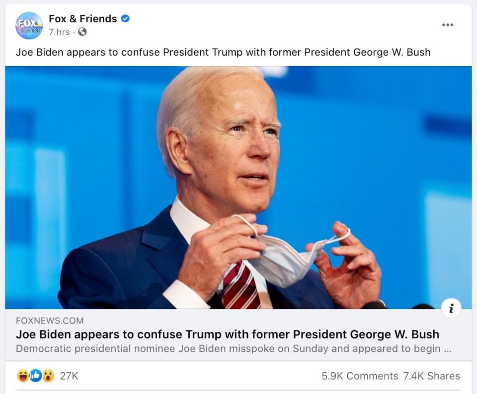 A misleading story about a Joe Biden campaign event was shared on the Facebook page for "Fox &amp; Friends" before it was updated. (Photo: Fox & Friends / Facebook)
