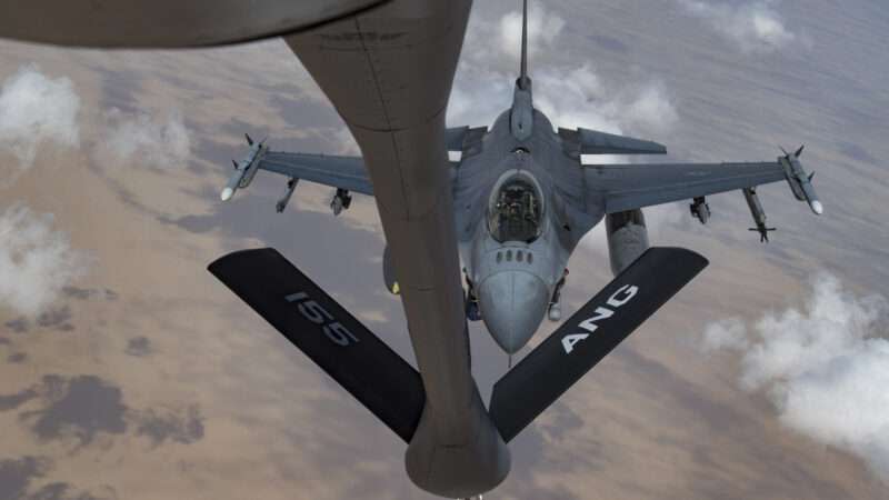 A U.S. Air Force F-16 Fighting Falcon approaches a U.S. Air Force KC-135 Stratotanker to conduct an aerial refueling operation above the Kingdom of Saudi Arabia, April 23, 2020.