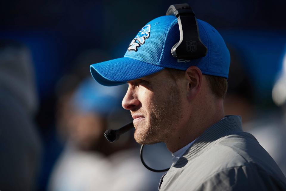 FILE - Detroit Lions offensive coordinator Ben Johnson watches from the sideline during an NFL football game against the Carolina Panthers, Dec. 24, 2022, in Charlotte, N.C. The Carolina Panthers have requested permission to interview four different NFL offensive coordinators for their head coaching vacancy, including Johnson, Philadelphia's Shane Steichen, Buffalo's Ken Dorsey and New York Giants' Mike Kafka, according to a person familiar with the situation. (AP Photo/Brian Westerholt, File)