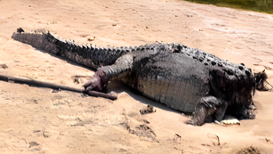  A crocodile which has had its head torn off is displays gruesome injuries lies dead on a sandy beach. 