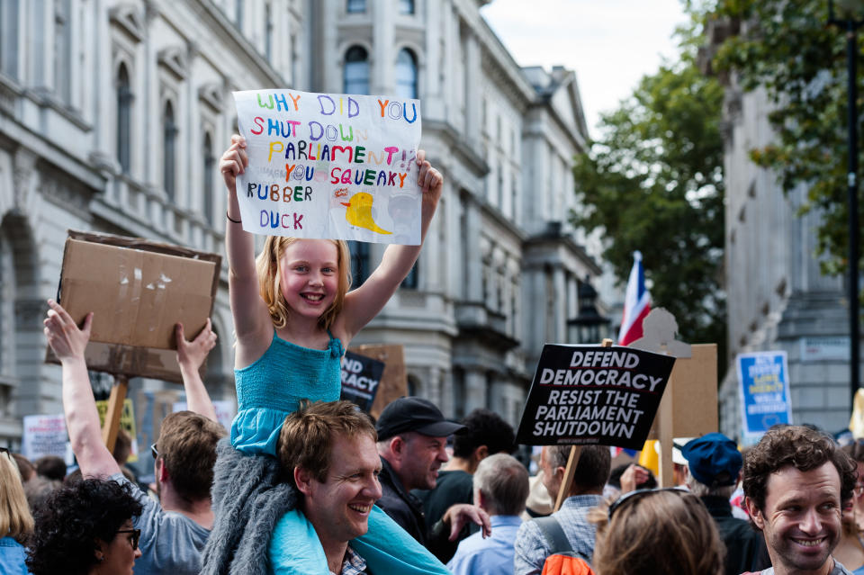 Thousands of demonstrators gather outside Downing Street on 31 August, 2019 in London, England to take part in Stop the Coup protests against the prorogation of the UK Parliament. Hundreds of thousands of people across major cities in the UK are expected to join protests against Boris Johnson's plans to suspend parliament for five weeks ahead of a Queens Speech on 14 October, which has limited the time available for MPs to legislate against a no-deal Brexit with the UK is set to leave the EU on the 31 October. (Photo by WIktor Szymanowicz/NurPhoto via Getty Images)