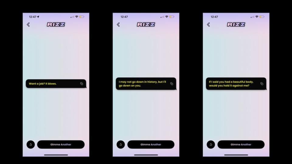 Three-part screenshots from Rizz
