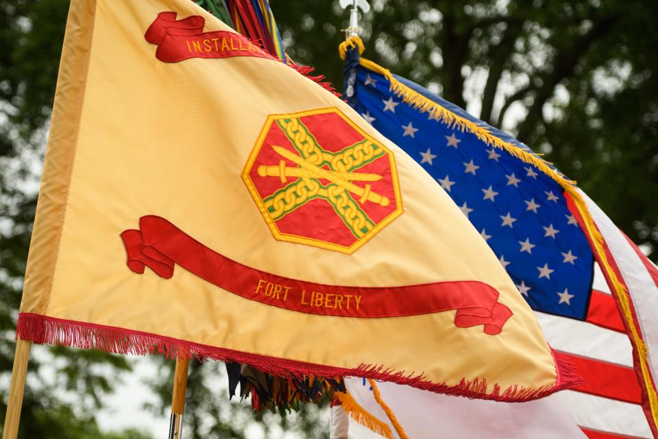 The new Fort Liberty garrison colors blow in the breeze at the Fort Liberty redesignation ceremony on Friday, June 2, 2023.