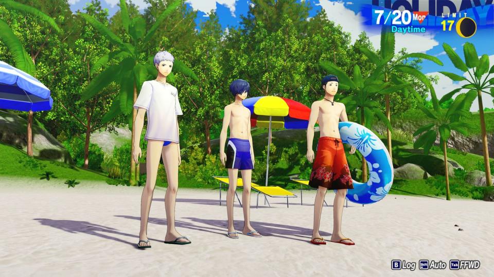 persona 3 reload, junpei, akihiko and the protagonist at the beach