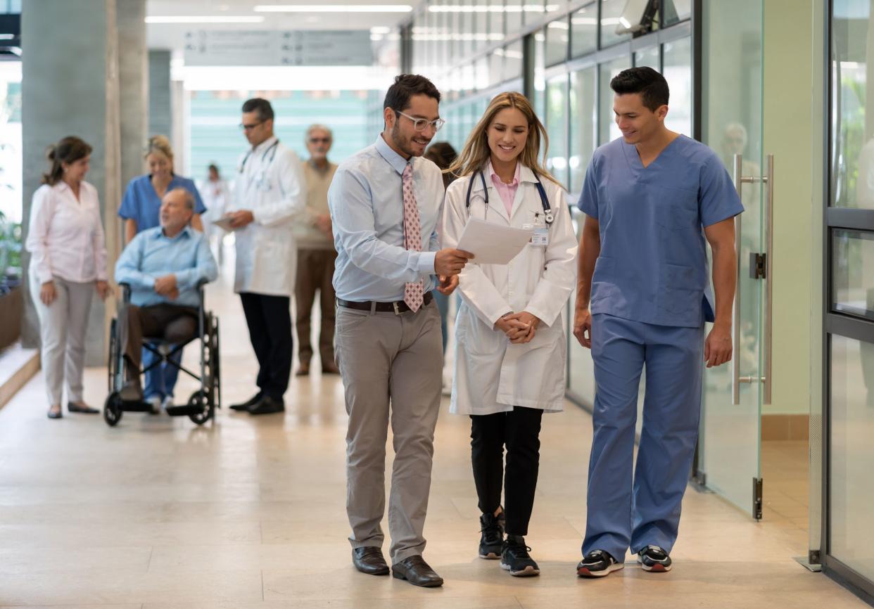 Male hospital medical and health services manager holding papers and talking while walking with both a female and a male doctor in a hospital with other patients, doctors, and nurses in the background